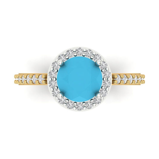 1.86 cttw Simulated Turquoise Hidden Halo Engagement Ring - Solid White/Yellow Gold (VVS1, Round Cut,7.5mm)