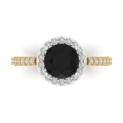1.86 cttw Natural Onyx Hidden Halo Engagement Ring - Solid White/Yellow Gold (VVS1, Round Cut,7.5mm)