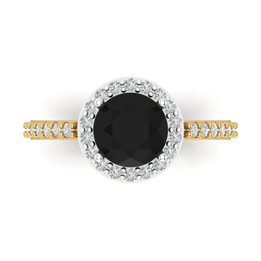 1.86 cttw Natural Onyx Hidden Halo Engagement Ring - Solid White/Yellow Gold (VVS1, Round Cut,7.5mm)