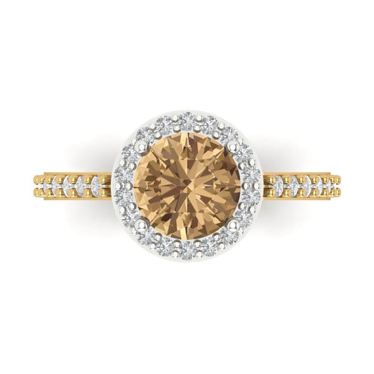1.86 cttw Zirconia Simulated Champagne Diamond Hidden Halo Engagement Ring - Solid White/Yellow Gold (VVS1, Round Cut,7.5mm)