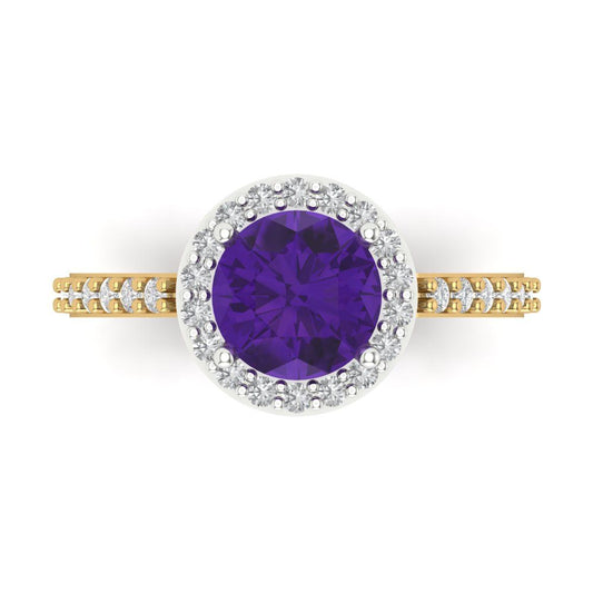 1.86 cttw Natural Amethyst Hidden Halo Engagement Ring - Solid White/Yellow Gold (VVS1, Round Cut,7.5mm)