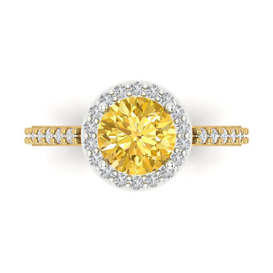 1.86 cttw Zirconia Simulated Yellow Diamond Hidden Halo Engagement Ring - Solid White/Yellow Gold (VVS1, Round Cut,7.5mm)