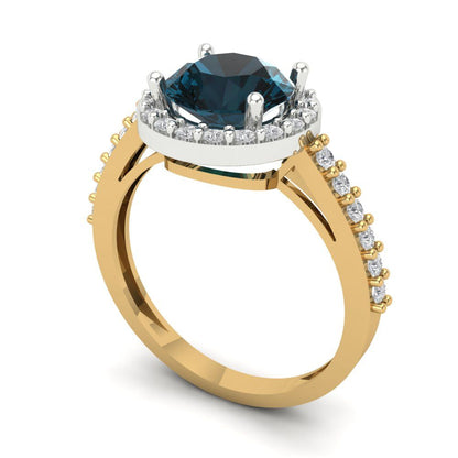 1.86 cttw Natural London Blue Topaz Hidden Halo Engagement Ring - Solid Gold (Round Cut,7.5mm)