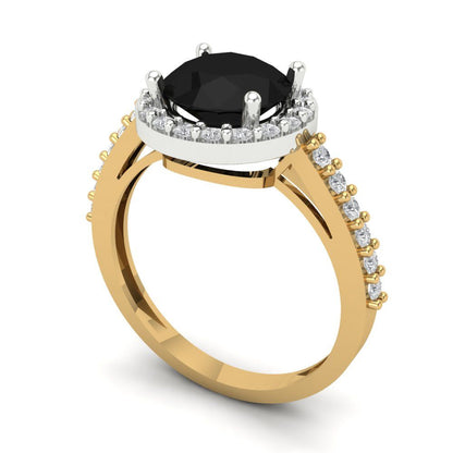 1.86 cttw Natural Onyx Hidden Halo Engagement Ring - Solid White/Yellow Gold (VVS1, Round Cut,7.5mm)