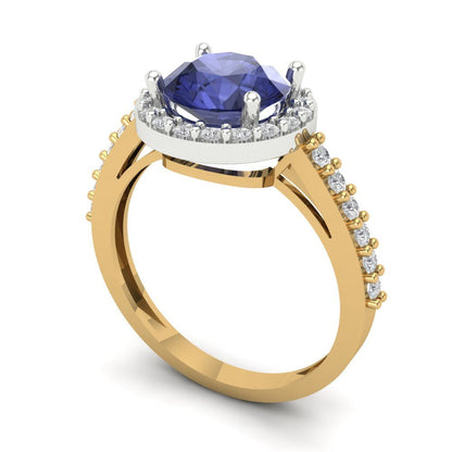 1.86 cttw Simulated Tanzanite Hidden Halo Engagement Ring - Solid White/Yellow Gold (VVS1, Round Cut,7.5mm)