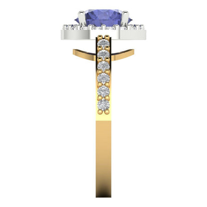 1.86 cttw Simulated Tanzanite Hidden Halo Engagement Ring - Solid White/Yellow Gold (VVS1, Round Cut,7.5mm)