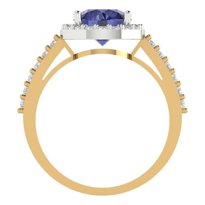 1.86 cttw Simulated Tanzanite Hidden Halo Engagement Ring - Solid White/Yellow Gold (VVS1, Round Cut,7.5mm)
