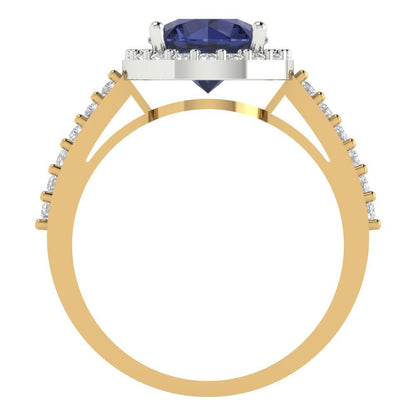 1.86 cttw Simulated Blue Sapphire Hidden Halo Engagement Ring - Solid Gold (Round Cut,7.5mm)