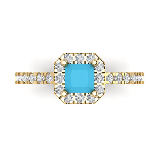 0.89 cttw Simulated Turquoise Hidden Halo Engagement Ring - Solid Yellow Gold (VVS1, Princess Cut,4.5mm)