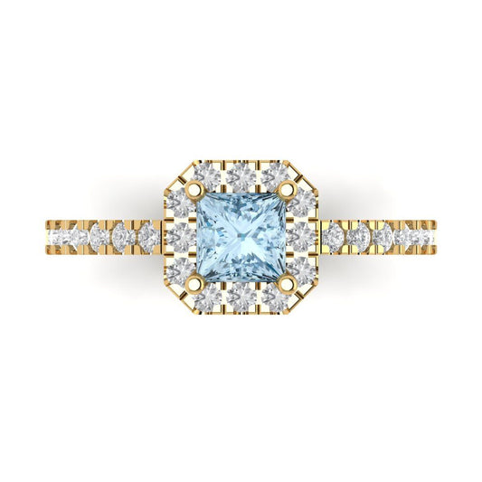0.89 cttw Zirconia Simulated Blue Diamond Hidden Halo Engagement Ring - Solid Yellow Gold (VVS1, Princess Cut,4.5mm)
