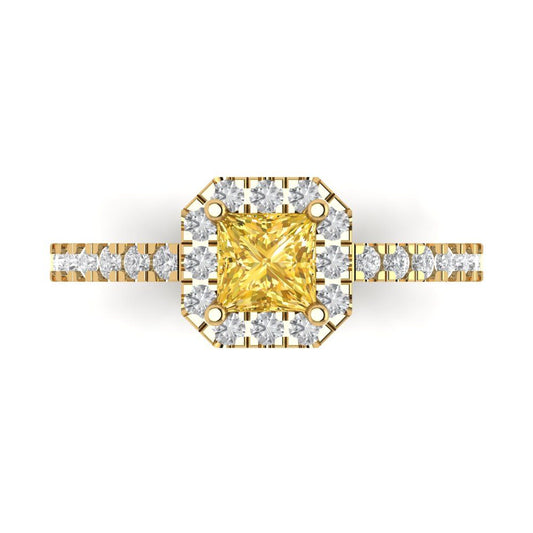 0.89 cttw Zirconia Simulated Yellow Diamond Hidden Halo Engagement Ring - Solid Yellow Gold (VVS1, Princess Cut,4.5mm)