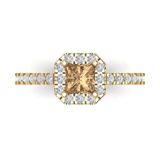 0.89 cttw Zirconia Simulated Champagne Diamond Hidden Halo Engagement Ring - Solid Yellow Gold (VVS1, Princess Cut,4.5mm)