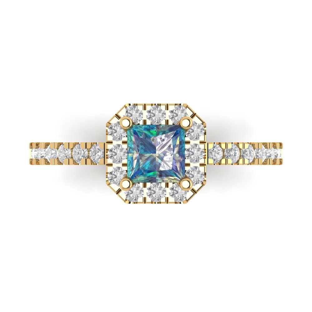 0.89 cttw Blue Moissanite Hidden Halo Engagement Ring - Solid Gold (Princess Cut,4.5mm)