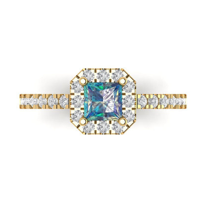 0.89 cttw Blue Moissanite Hidden Halo Engagement Ring - Solid Gold (Princess Cut,4.5mm)