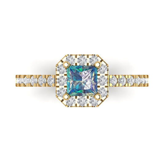 0.89 cttw Blue Moissanite Hidden Halo Engagement Ring - Solid Yellow Gold (VVS1, Princess Cut,4.5mm)