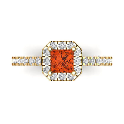 0.89 cttw Zirconia Simulated Red Diamond Hidden Halo Engagement Ring - Solid Yellow Gold (VVS1, Princess Cut,4.5mm)