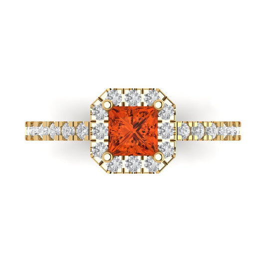 0.89 cttw Zirconia Simulated Red Diamond Hidden Halo Engagement Ring - Solid Yellow Gold (VVS1, Princess Cut,4.5mm)