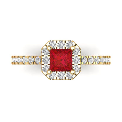 0.89 cttw Simulated Ruby Hidden Halo Engagement Ring - Solid Yellow Gold (VVS1, Princess Cut,4.5mm)