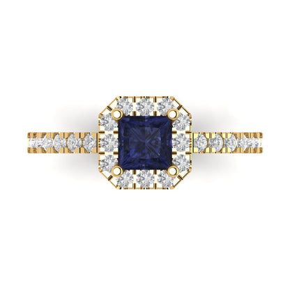 0.89 cttw Simulated Blue Sapphire Hidden Halo Engagement Ring - Solid Gold (Princess Cut,4.5mm)