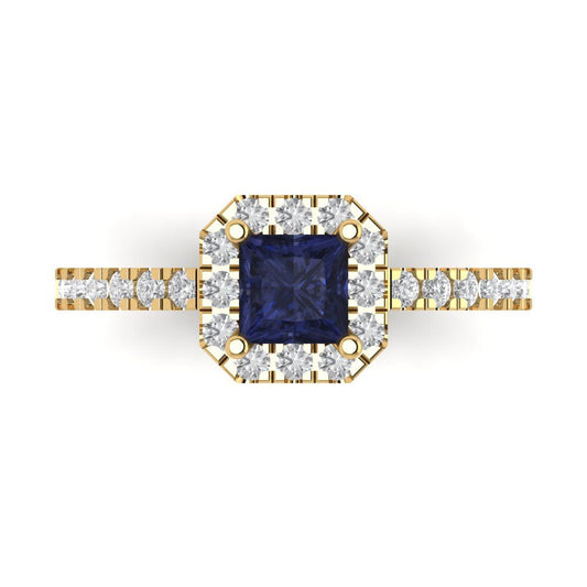 0.89 cttw Simulated Blue Sapphire Hidden Halo Engagement Ring - Solid Yellow Gold (VVS1, Princess Cut,4.5mm)