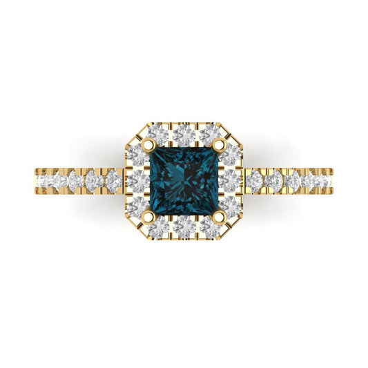 0.89 cttw Natural London Blue Topaz Hidden Halo Engagement Ring - Solid Yellow Gold (VVS1, Princess Cut,4.5mm)