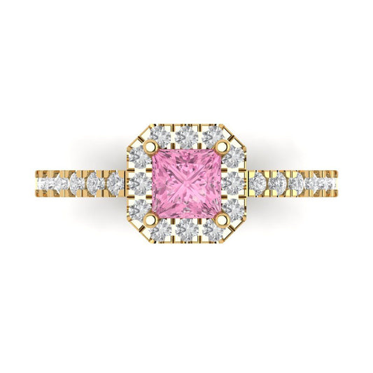 0.89 cttw Zirconia Simulated Pink Diamond Hidden Halo Engagement Ring - Solid Yellow Gold (VVS1, Princess Cut,4.5mm)