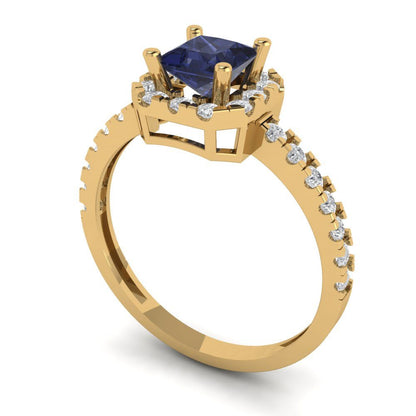 0.89 cttw Simulated Blue Sapphire Hidden Halo Engagement Ring - Solid Gold (Princess Cut,4.5mm)