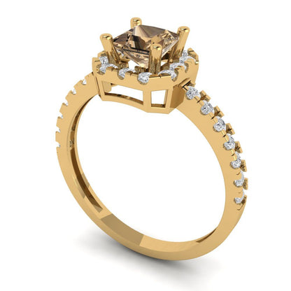 0.89 cttw Zirconia Simulated Champagne Diamond Hidden Halo Engagement Ring - Solid Gold (VVS1, Princess Cut,4.5mm)