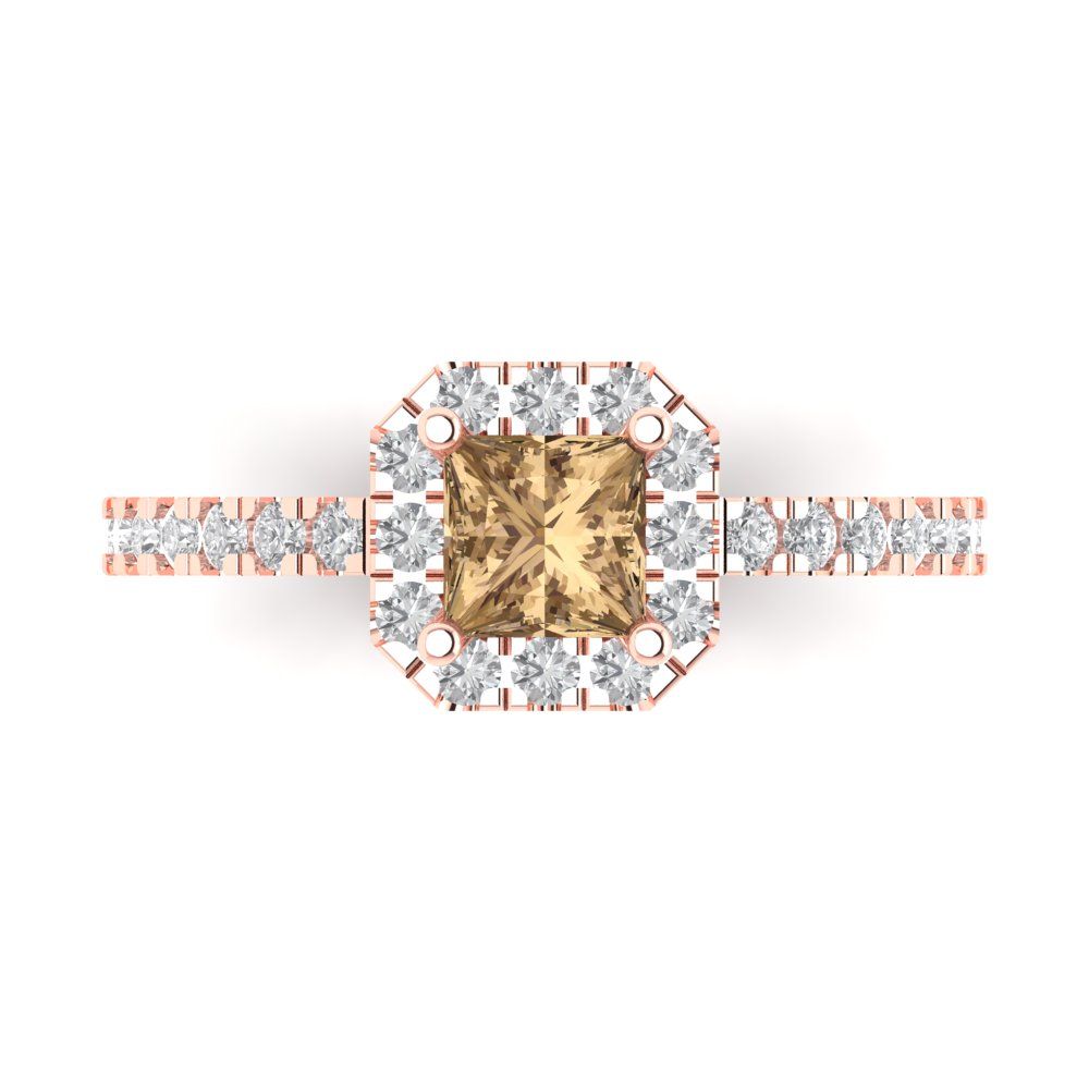 0.89 cttw Zirconia Simulated Champagne Diamond Hidden Halo Engagement Ring - Solid Gold (VVS1, Princess Cut,4.5mm)
