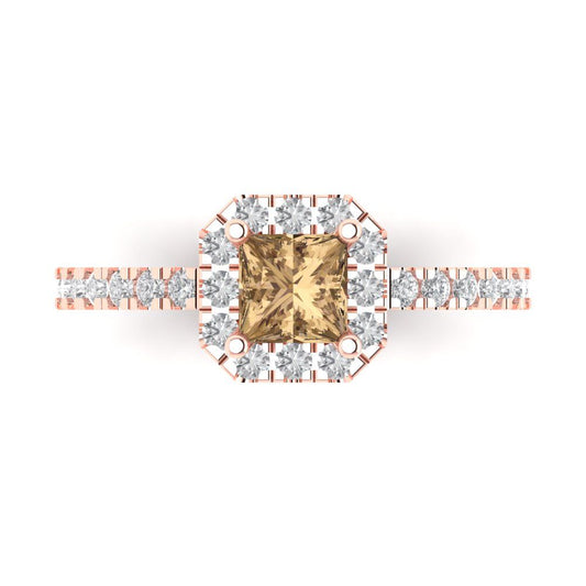 0.89 cttw Zirconia Simulated Champagne Diamond Hidden Halo Engagement Ring - Solid Rose Gold (VVS1, Princess Cut,4.5mm)