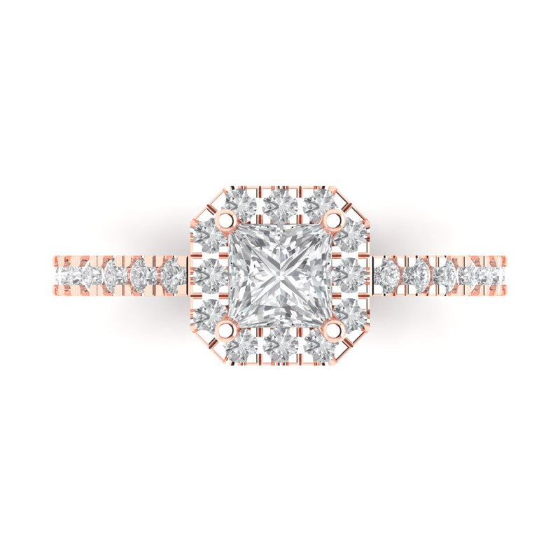1.23 ct Brilliant Princess Cut Clear Simulated Diamond Stone Rose Gold Halo Solitaire with Accents Ring