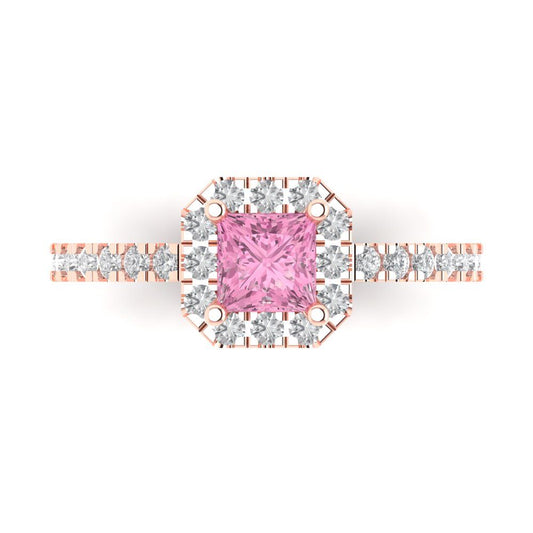 0.89 cttw Zirconia Simulated Pink Diamond Hidden Halo Engagement Ring - Solid Rose Gold (VVS1, Princess Cut,4.5mm)