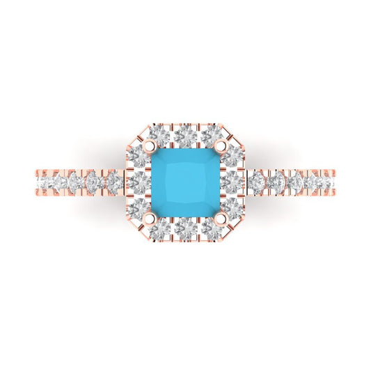 0.89 cttw Simulated Turquoise Hidden Halo Engagement Ring - Solid Rose Gold (VVS1, Princess Cut,4.5mm)