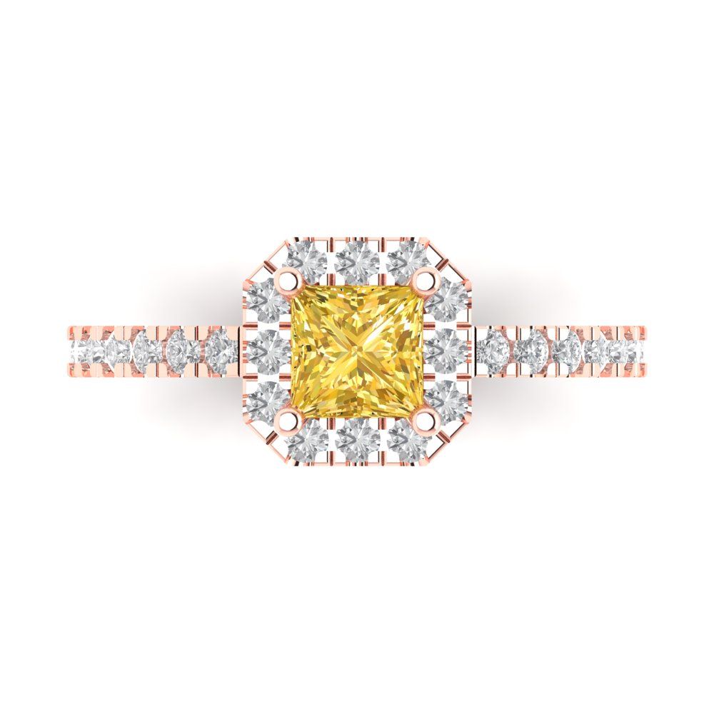 0.89 cttw Zirconia Simulated Yellow Diamond Hidden Halo Engagement Ring - Solid Gold (VVS1, Princess Cut,4.5mm)