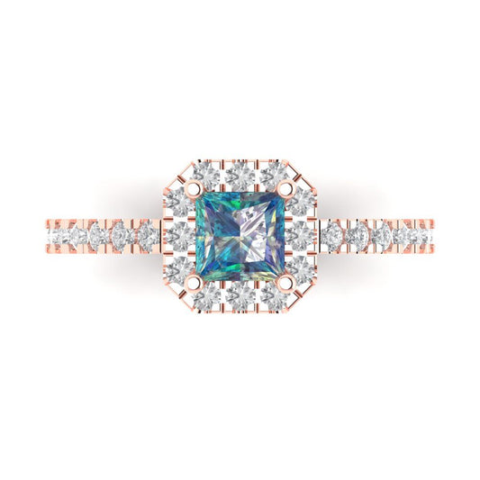 0.89 cttw Blue Moissanite Hidden Halo Engagement Ring - Solid Rose Gold (VVS1, Princess Cut,4.5mm)