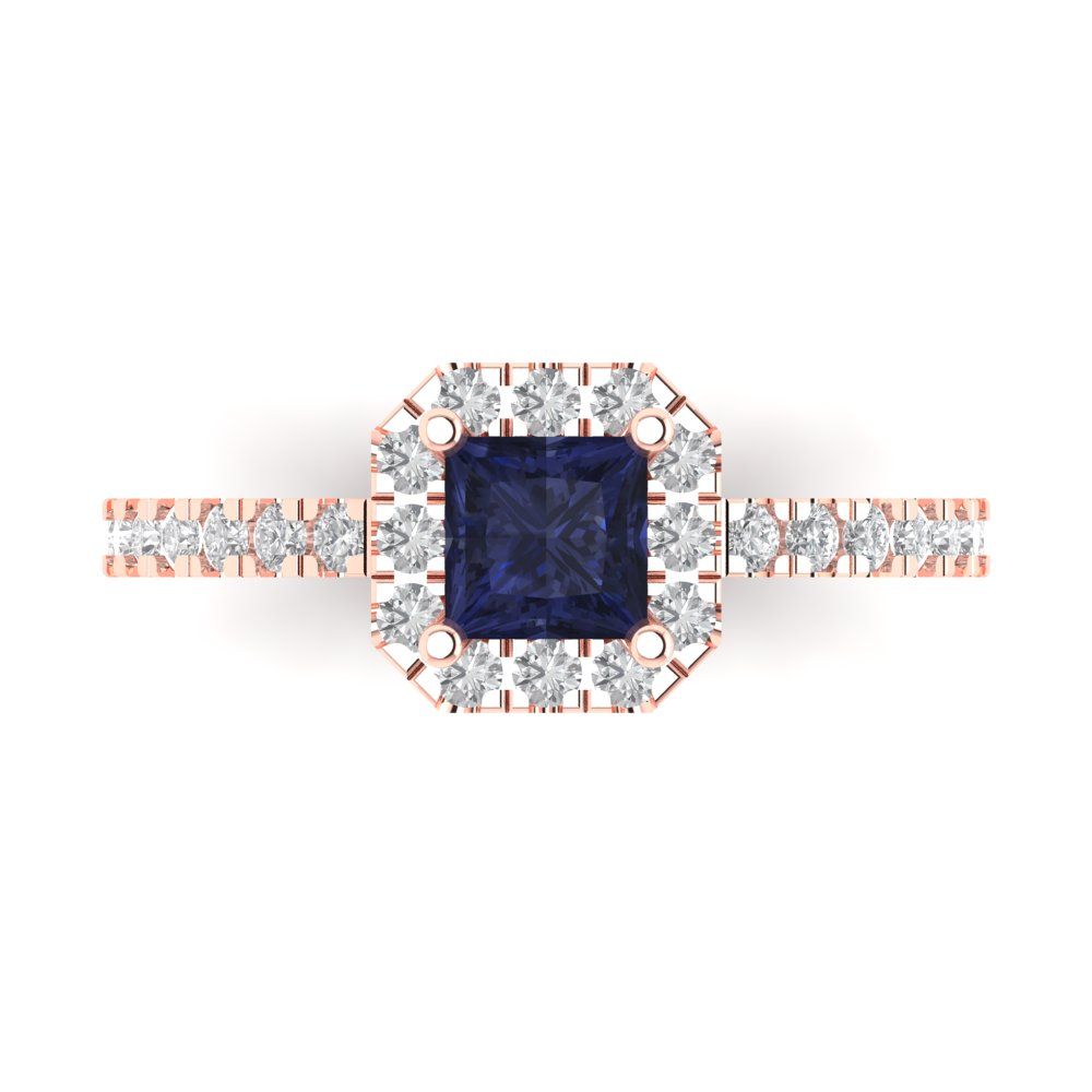 0.89 cttw Simulated Blue Sapphire Hidden Halo Engagement Ring - Solid Gold (Princess Cut,4.5mm)
