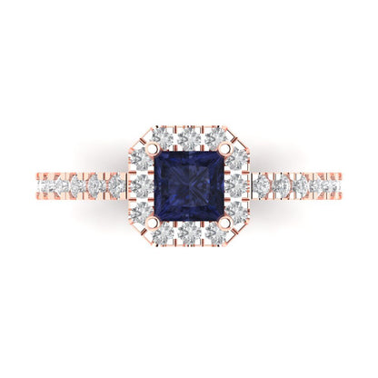 0.89 cttw Simulated Blue Sapphire Hidden Halo Engagement Ring - Solid Gold (Princess Cut,4.5mm)