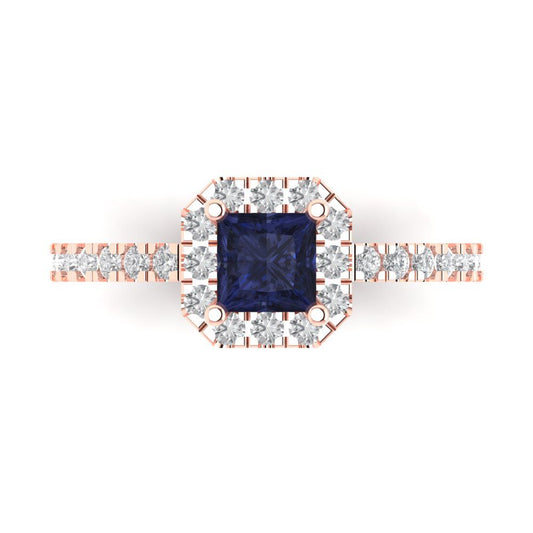 0.89 cttw Simulated Blue Sapphire Hidden Halo Engagement Ring - Solid Rose Gold (VVS1, Princess Cut,4.5mm)