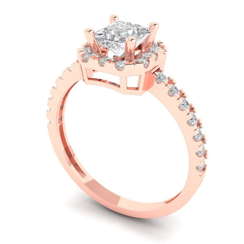 1.23 ct Brilliant Princess Cut Natural Diamond Stone Clarity SI1-2 Color I-J Rose Gold Halo Solitaire with Accents Ring