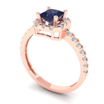 0.89 cttw Simulated Blue Sapphire Hidden Halo Engagement Ring - Solid Gold (Princess Cut,4.5mm)
