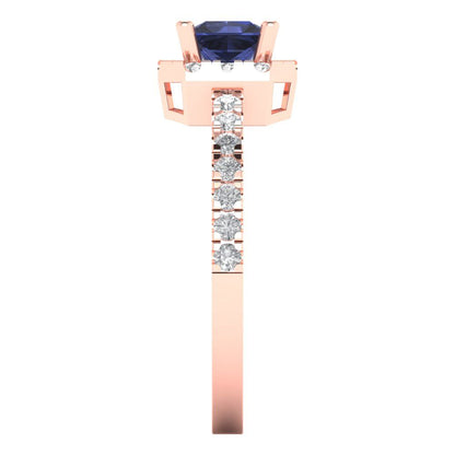 0.89 cttw Simulated Blue Sapphire Hidden Halo Engagement Ring - Solid Gold (Princess Cut,4.5mm)