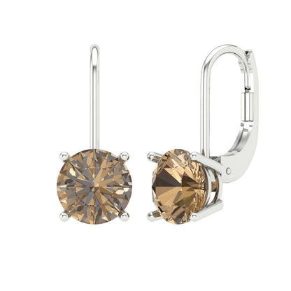 3 ctw Champagne Drop Dangle Earrings | 7.5mm Round Cut White Gold Lever Back | April Birthstone