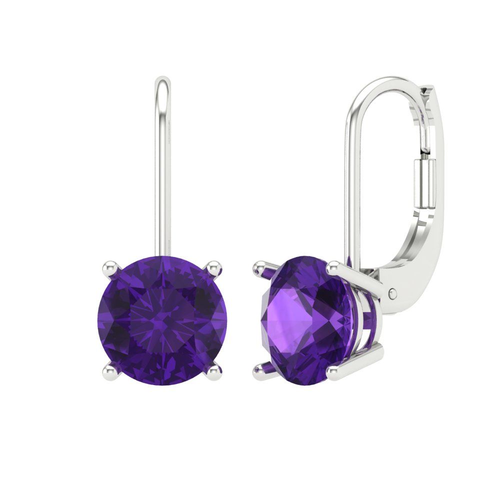 3 ctw Amethyst Drop Dangle Earrings | 7.5mm Round Cut White Gold Lever Back | February Birthstone