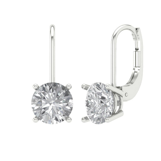 3 ctw White Sapphire Drop Dangle Earrings | 7.5mm Round Cut White Gold Lever Back | April Birthstone
