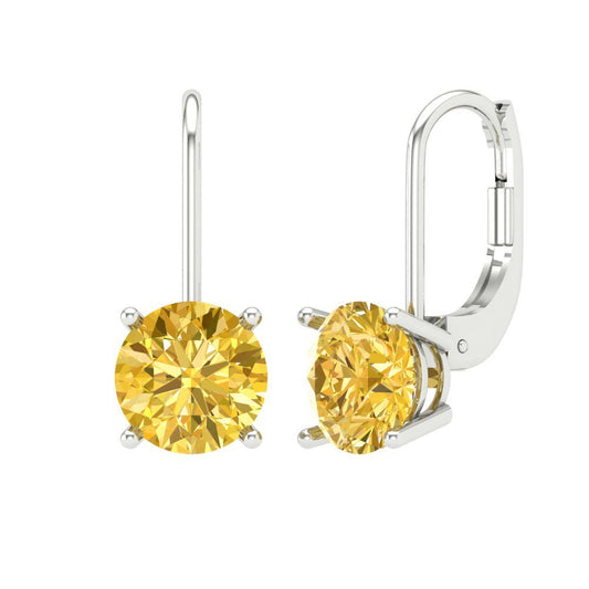 3 ctw Citrine Drop Dangle Earrings | 7.5mm Round Cut White Gold Lever Back | November Birthstone