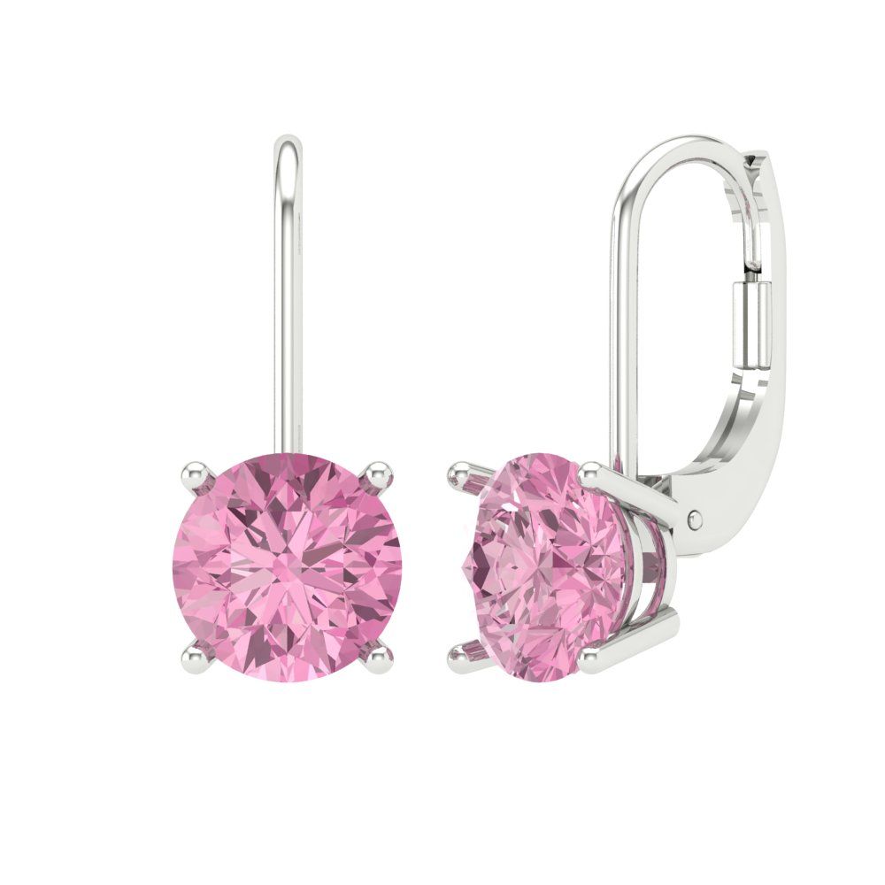 3 ctw Pink Zirconia Drop Dangle Earrings | 7.5mm Round Cut White Gold Lever Back | April Birthstone