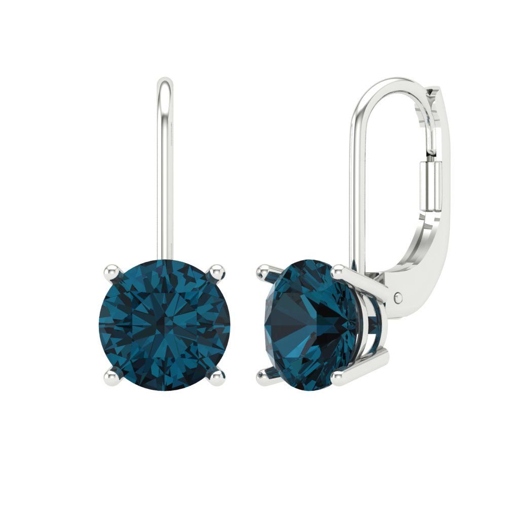 3 ctw London Blue Topaz Drop Dangle Earrings | 7.5mm Round Cut White Gold Lever Back | December Birthstone