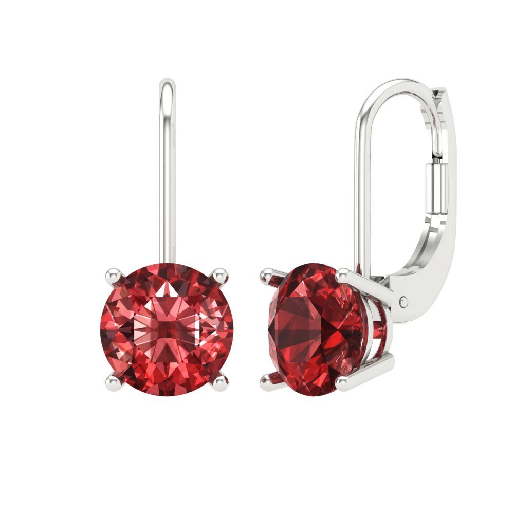 3 ctw Garnet Drop Dangle Earrings | 7.5mm Round Cut White Gold Lever Back | January Birthstone