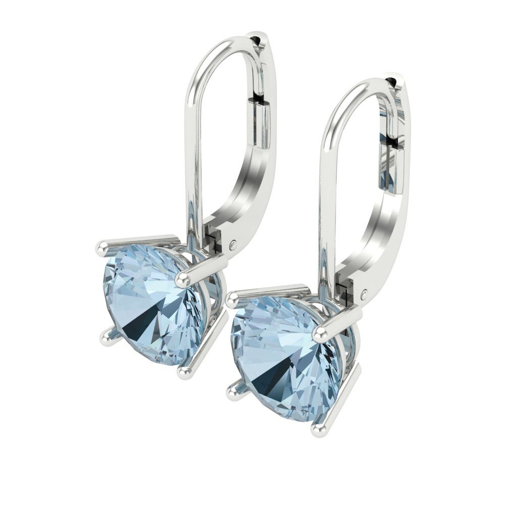 3 ctw Aquamarine Drop Dangle Earrings | 7.5mm Round Cut White Gold Lever Back | March Birthstone