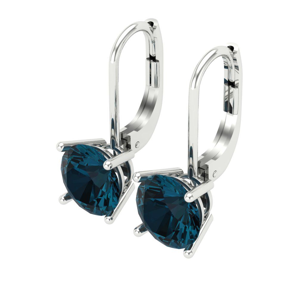 3 ctw London Blue Topaz Drop Dangle Earrings | 7.5mm Round Cut White Gold Lever Back | December Birthstone
